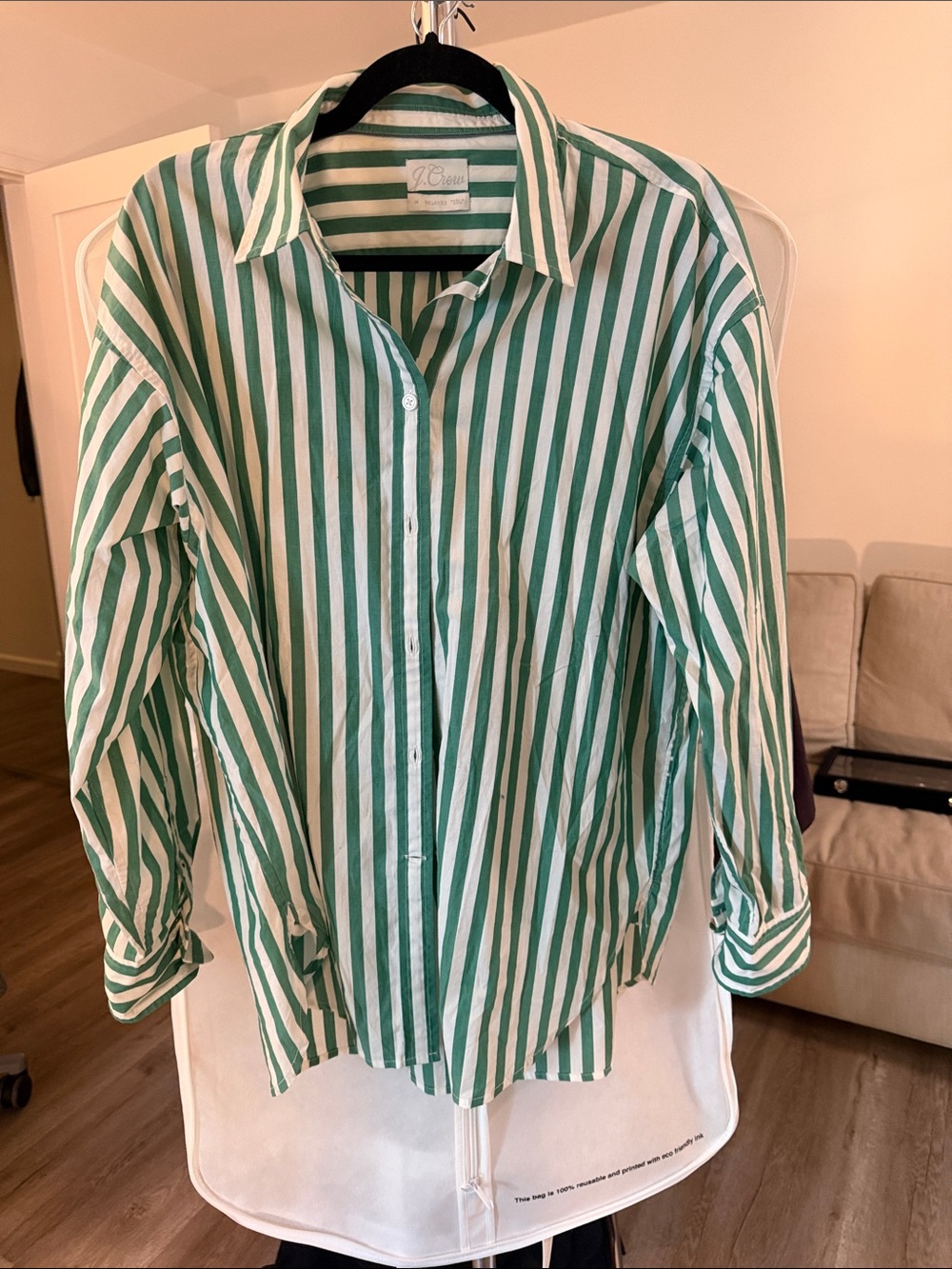J. Crew Green and White Vertical Stripe Button-Down Shirt